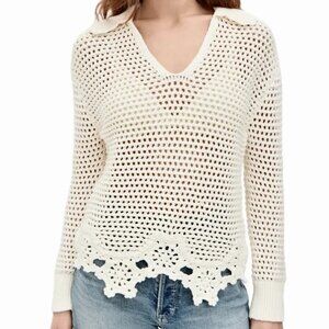 Rails Louise Cotton Crochet Sweater in Ivory Collared Crop Top Women's S  NEW